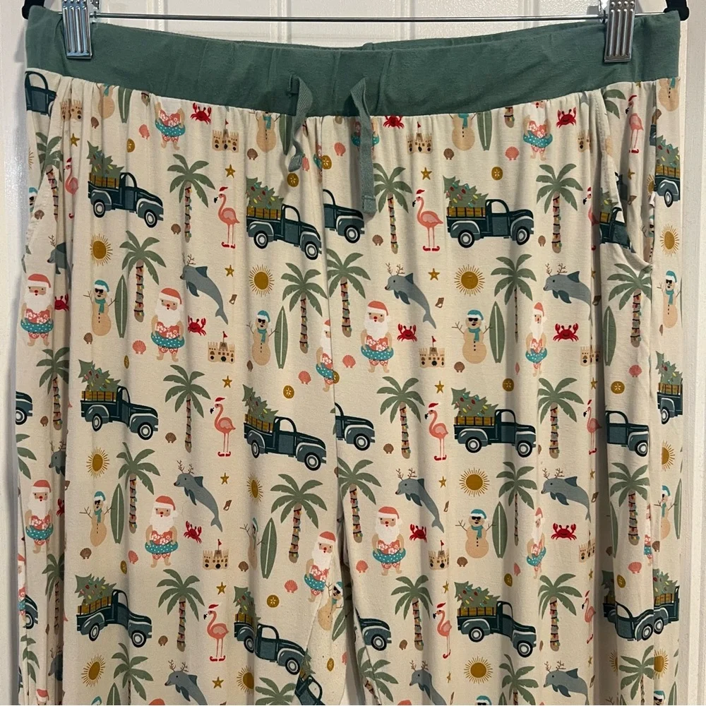 Emerson Christmas Santa Flamingo Tropical Print Viscose Pajama‎ Pants. Size XL.